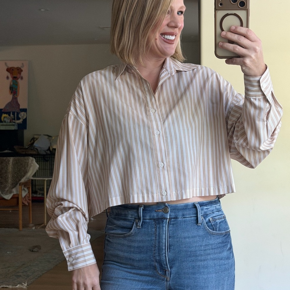 Anthropologie Blanca Thomas Striped Tan White Cropped Button Shirt Size XS/S Top
